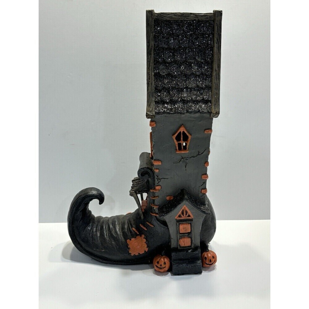 Halloween Boot House Light Witches Boot Tabletop Black Resin 13" Tall Glitter